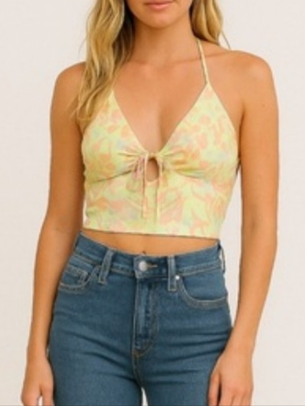 Nicole Miller Yellow Pastel Floral Keyhole Tank Top
